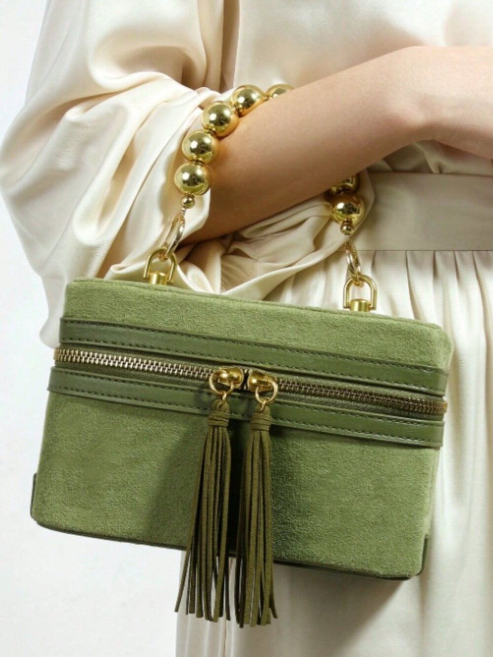 Green Fashionable Women's Beaded chain Zippered Top-Handle Box Bag